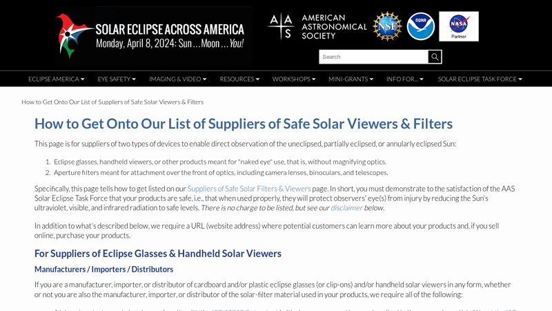 How to Get Onto Our List of Suppliers of Safe Solar Viewers & Filters