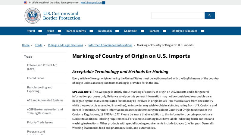 Marking of Country of Origin on U.S. Imports