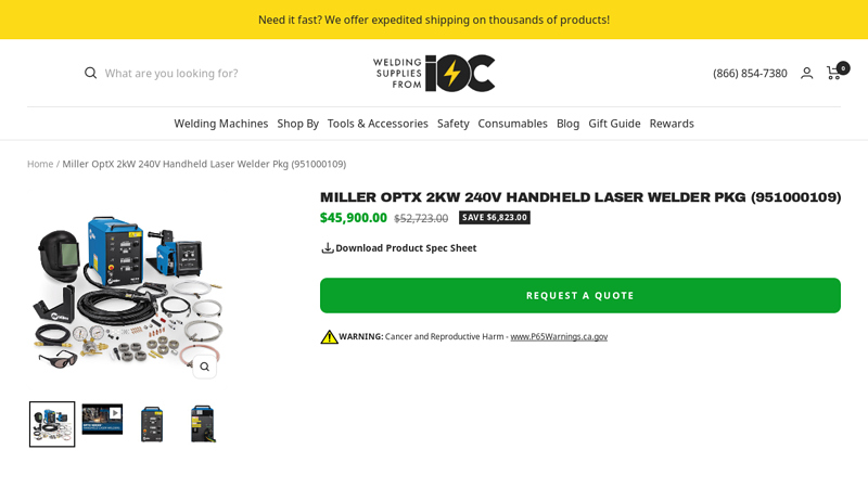 Miller OptX 2kW 240V Handheld Laser Welder Pkg (951000109)