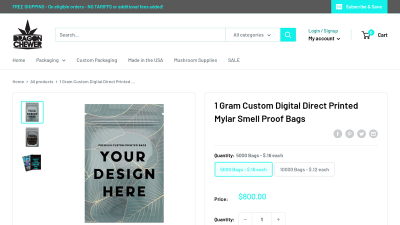 1 Gram Custom Digital Direct Printed Mylar Smell Proof Bags