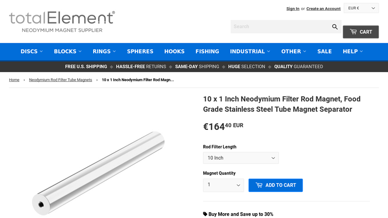 10 x 1 Inch Neodymium Filter Rod Magnet, Food Grade Stainless ...