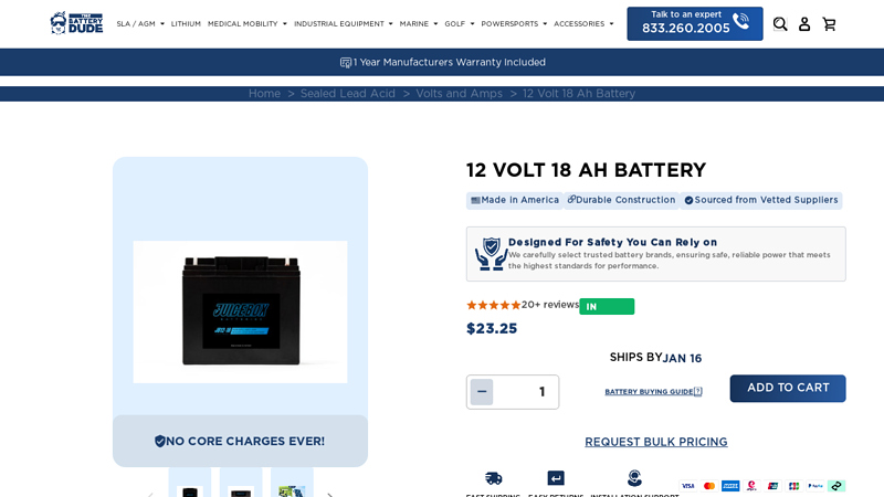 12 Volt 18 Ah Sealed Lead Acid, AGM Battery