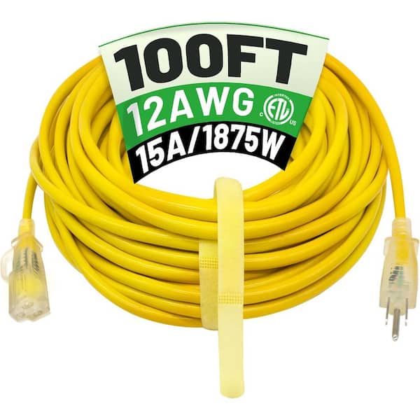 12/3 100' SJTW Yellow Extension Cord with Lighted End