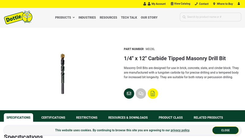 1/4'' x 12'' Carbide Tipped Masonry Drill Bit