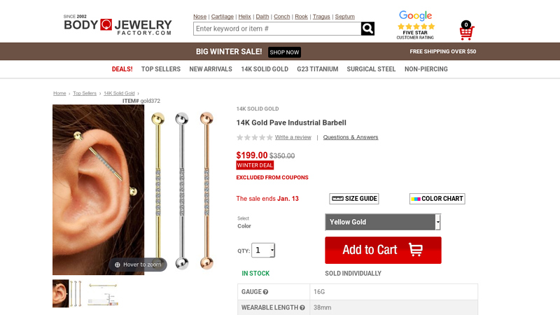 14K Gold Pave Industrial Barbell