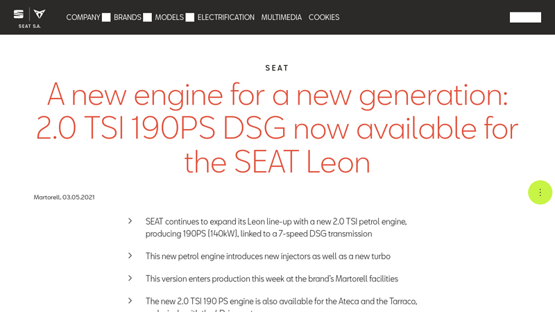 2.0 TSI 190PS DSG now available for the SEAT Leon