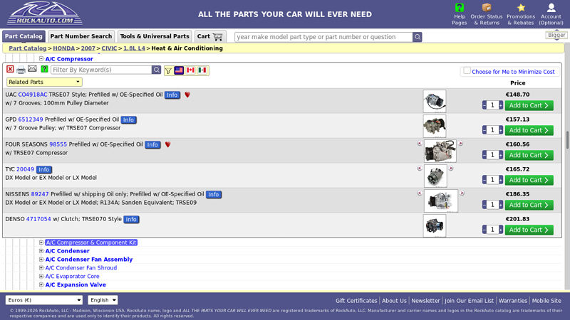 2007 HONDA CIVIC 1.8L L4 A/C Compressor