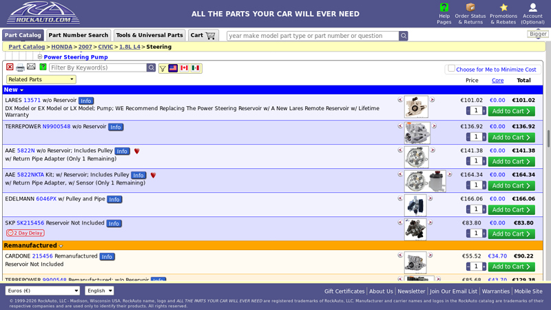 2007 HONDA CIVIC 1.8L L4 Power Steering Pump