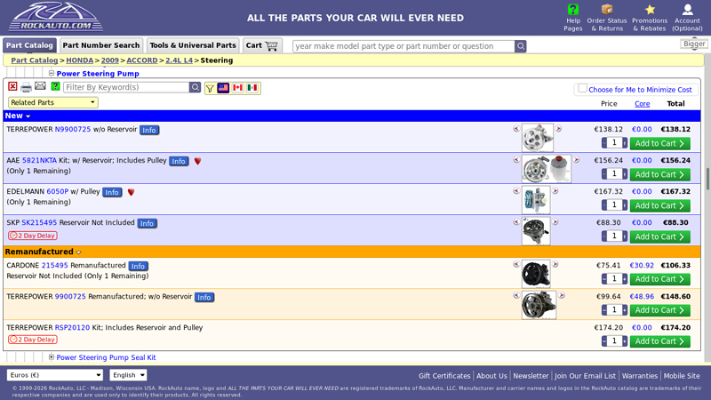 2009 HONDA ACCORD 2.4L L4 Power Steering Pump