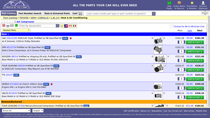 2009 TOYOTA COROLLA 1.8L L4 A/C Compressor