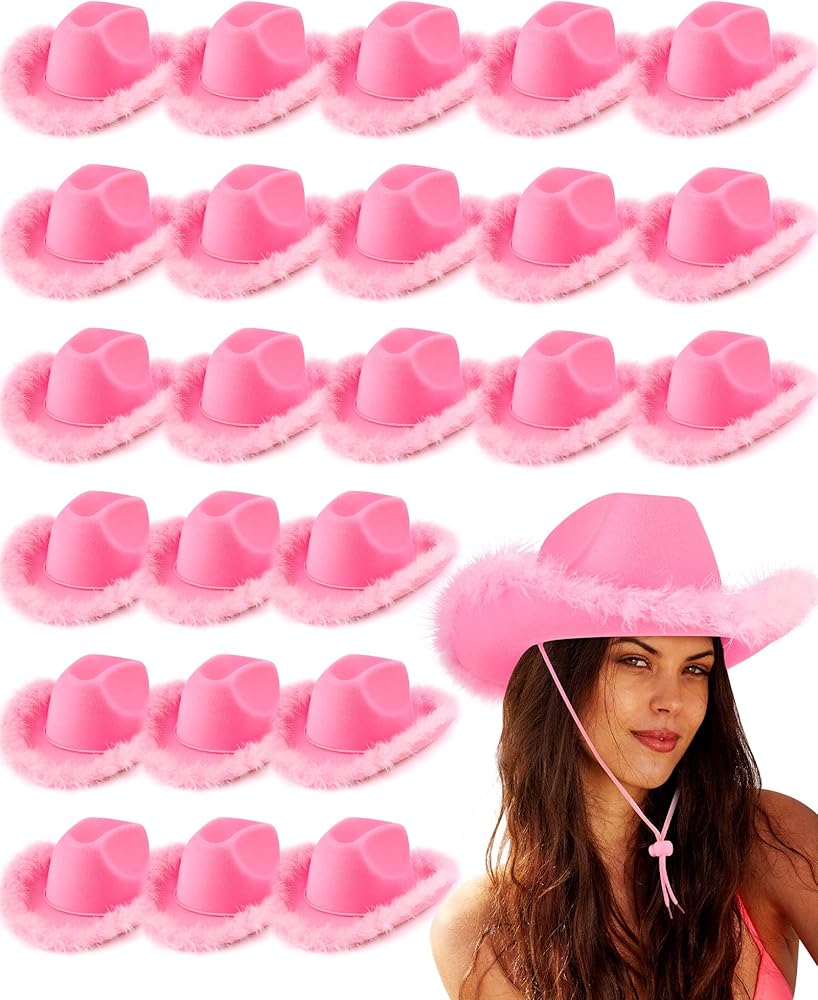 24 Bulk Pink Cowgirl Hats With Feathers For Kids