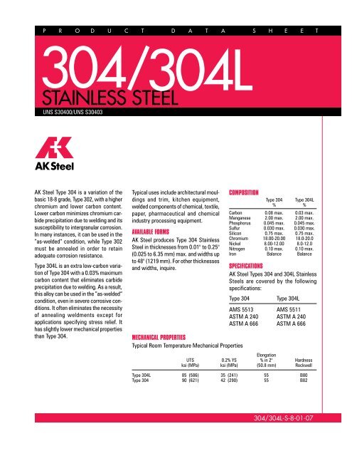 304 Stainless Steel Technical Data Sheet