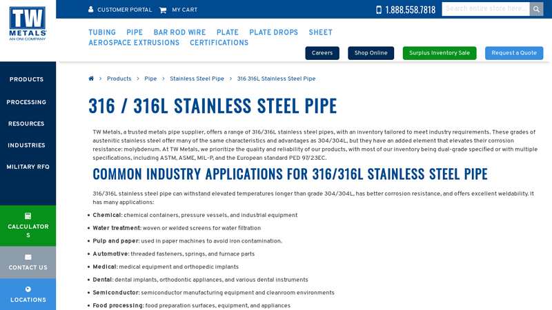 316 / 316L Stainless Steel Pipe
