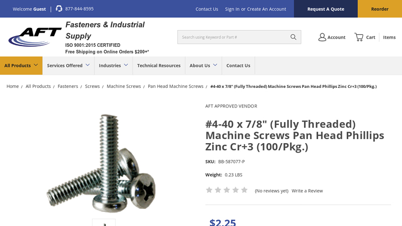 4-40 x 7/8 Phil Pan Machine Screws Zinc