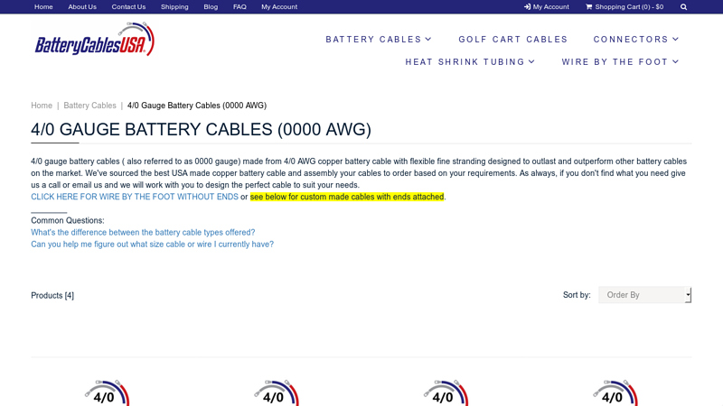 4/0 Gauge Battery Cables (0000 AWG)