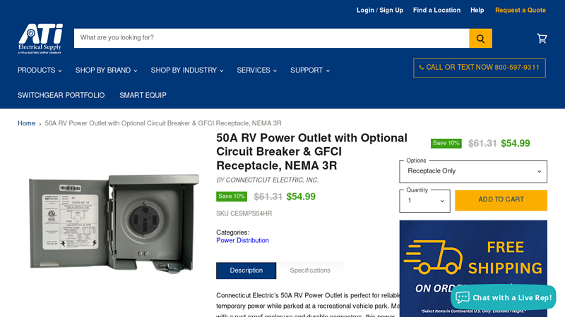 50A RV Power Outlet w/ Optional Circuit Breaker and GFCI