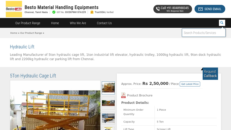 5Ton Hydraulic Cage Lift Manufacturer from Chennai