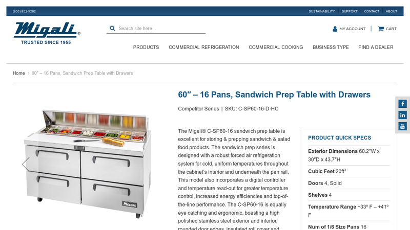 60″ – 16 Pans, Sandwich Prep Table with Drawers