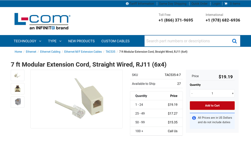 7 ft Modular Extension Cord, Straight Wired, RJ11 (6x4)