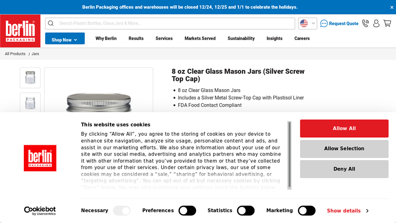 8 oz Clear Glass Mason Jars (Silver Screw Top Cap)