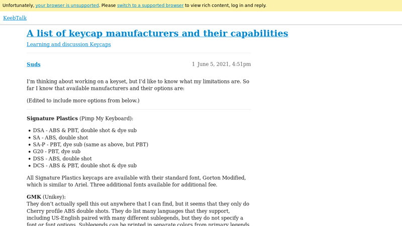 A list of keycap manufacturers and their capabilities