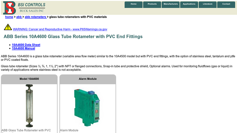 ABB Series 10A4600 Glass Tube Rotameter with PVC End Fittings