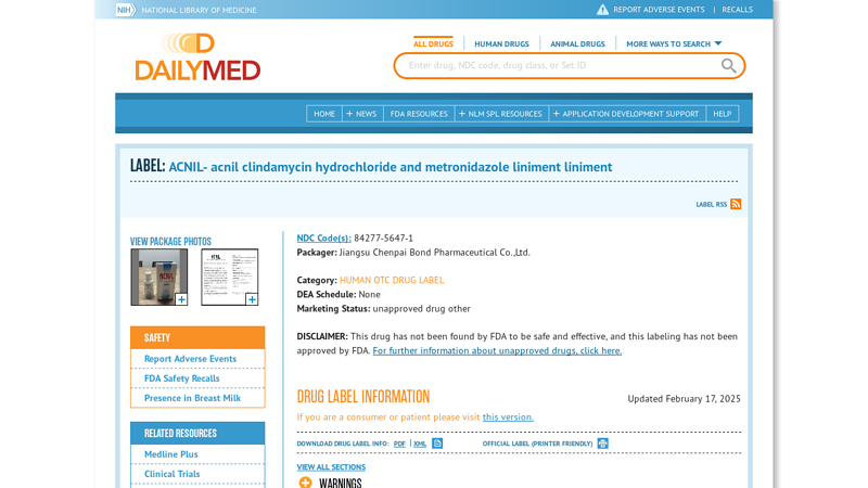 acnil clindamycin hydrochloride and metronidazole liniment liniment