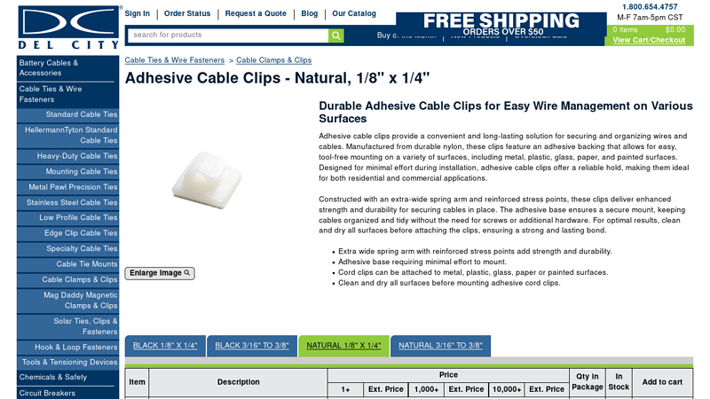 Adhesive Cable Clips - Natural, 1/8