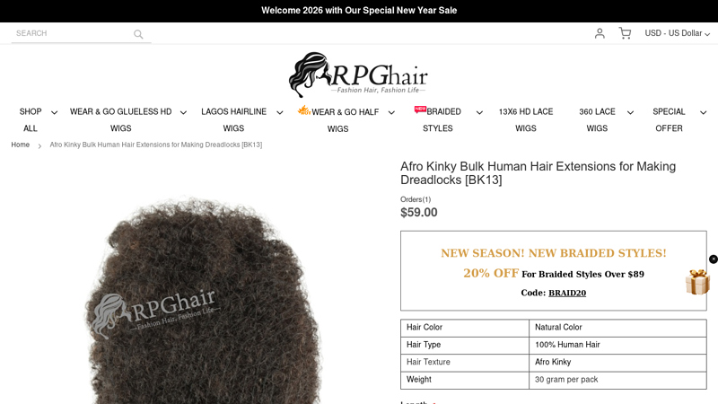 Afro Kinky Bulk Human Hair Extensions for Making Dreadlocks [BK13]