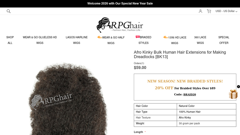 Afro Kinky Bulk Human Hair Extensions for Making Dreadlocks [BK13]