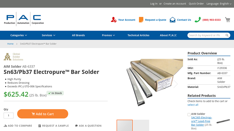 AIM Sn63/Pb37 Electropure™ Bar Solder (25 lb. Box)