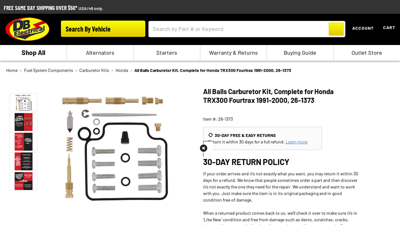 All Balls Carburetor Kit, Complete for Honda TRX300 Fourtrax 1991 ...