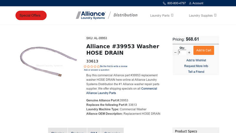 Alliance #39953 Washer HOSE DRAIN
