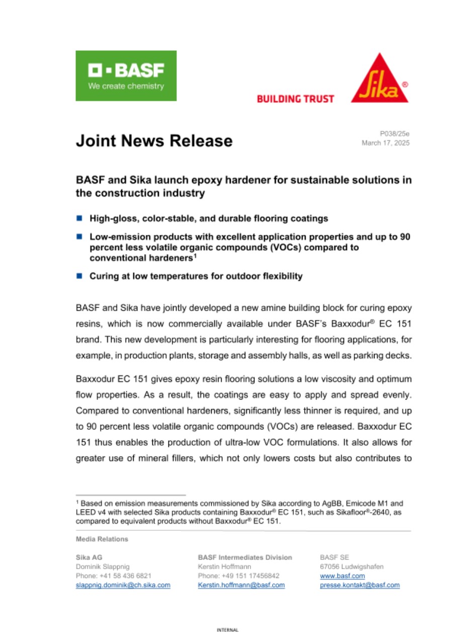 BASF and Sika launch epoxy hardener for sustainable solutions in ...