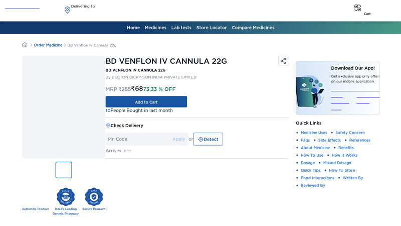BD VENFLON IV CANNULA 22G Price, Uses, Side Effects ...