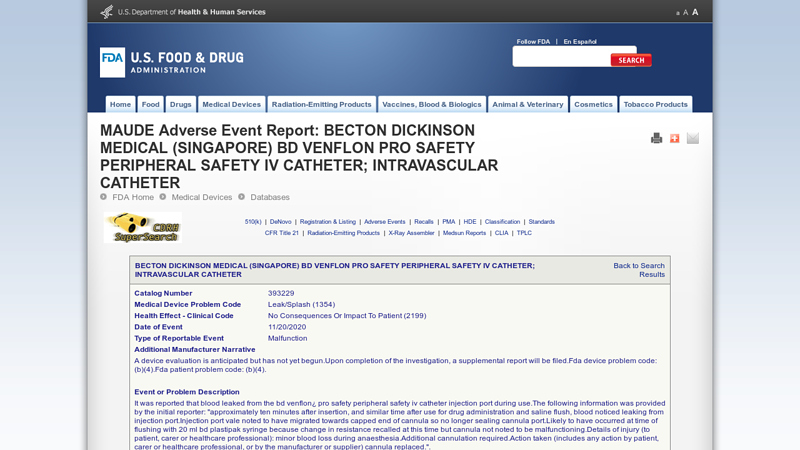 BECTON DICKINSON MEDICAL (SINGAPORE) BD VENFLON PRO ...