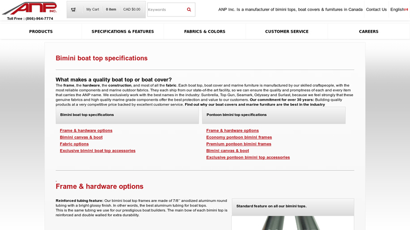 Bimini Boat Tops Specifications