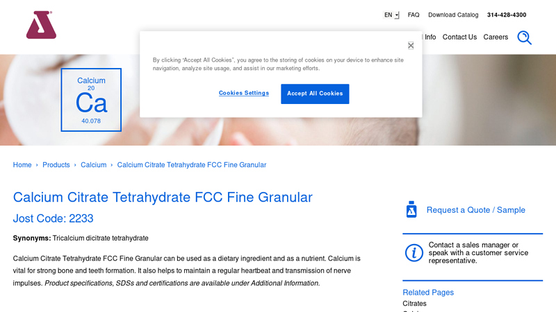 Calcium Citrate Tetrahydrate FCC Fine Granular, CAS 5785