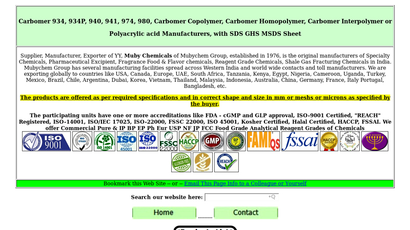 Carbomer 934, 934P, 940, 941, 974, 980 Manufacturers, with SDS