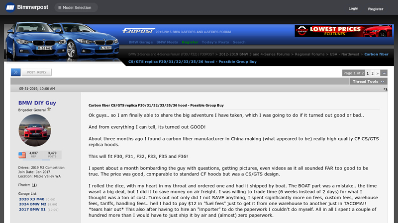 Carbon fiber CS/GTS replica F30/31/32/33/35/36 hood