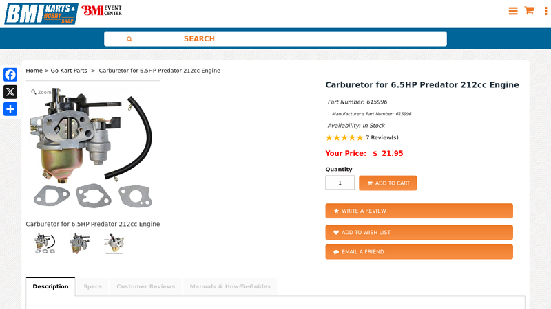 Carburetor for 6.5HP Predator 212cc Engine