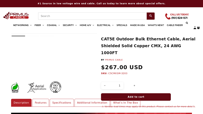 CAT5E Shielded Aerial Bulk Cable w/ Messenger, CMX