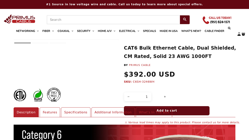 CAT6 Dual Shielded S/FTP Bulk Ethernet Cable, CM Rated