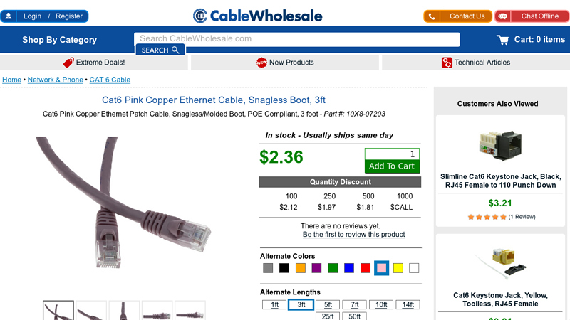 Cat6 Pink Copper Ethernet Cable, Snagless Boot, 3ft