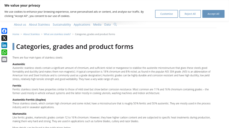 Categories, grades and product forms
