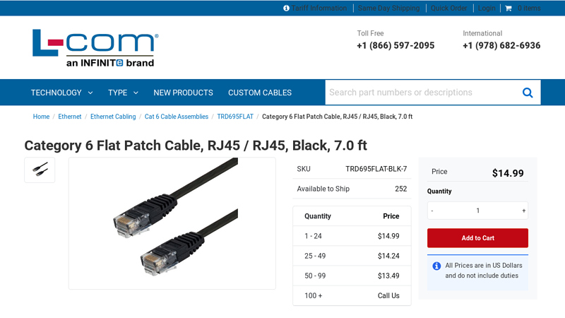 Category 6 Flat Patch Cable, RJ45 / RJ45, Black, 7.0 ft
