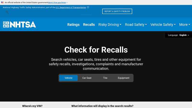 Check for Recalls: Vehicle, Car Seat, Tire, Equipment