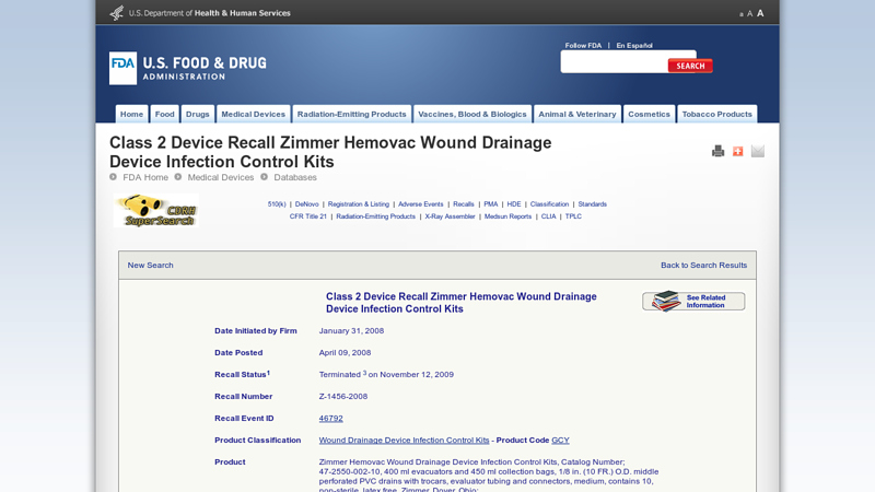 Class 2 Device Recall Zimmer Hemovac Wound Drainage Device ...