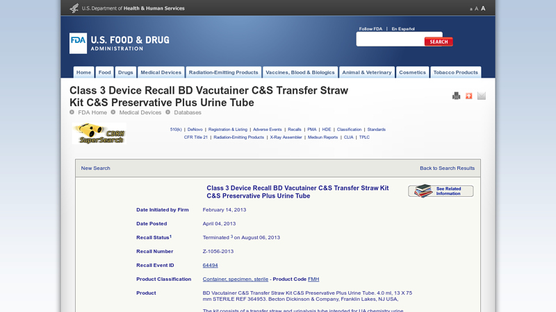 Class 3 Device Recall BD Vacutainer C&S Transfer Straw Kit C&S ...