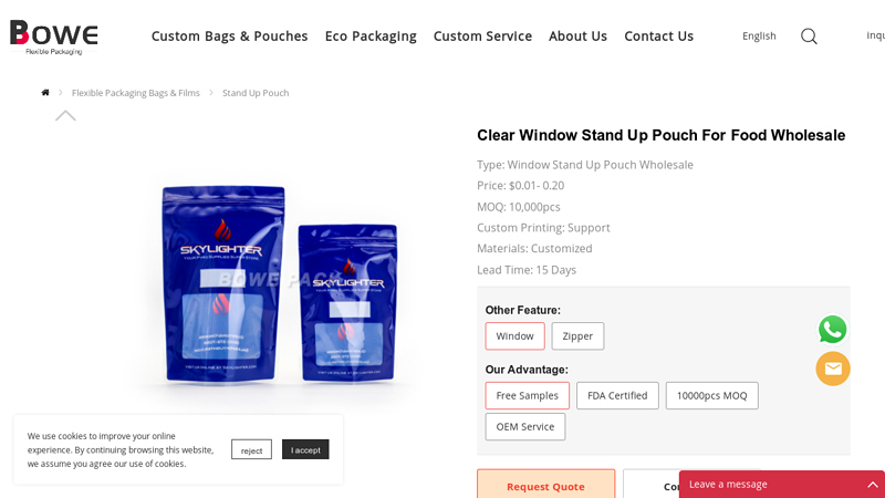 Clear Window Stand Up Pouch For Food Wholesale